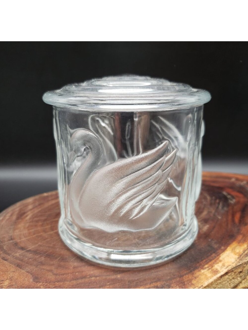 Vintage Frosted Swan Glass Jar w Lid Trinket Candy Dish Cattail Pattern